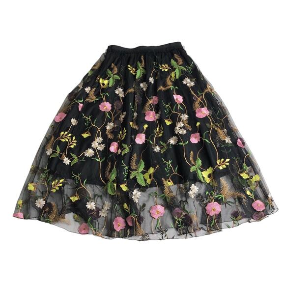 H&M Skirt Womens 8 Black Mesh Floral Embroidery Lined Boho Cottagecore Coquette‎ - Picture 14 of 16